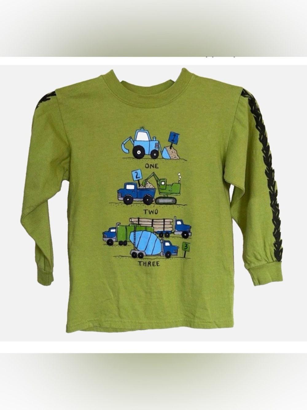 Boys Construction Truck Shirt Sz 8 Green Long Sleeve Graphic Tee Organic Cotton